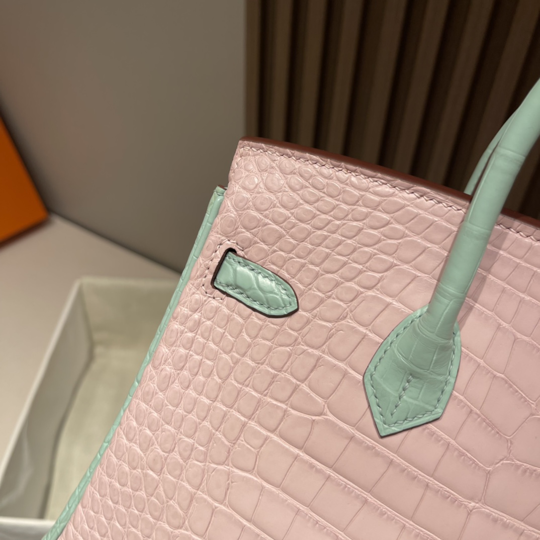 에르메스 버킨백25 핑크 민트그린 은장 악어가죽